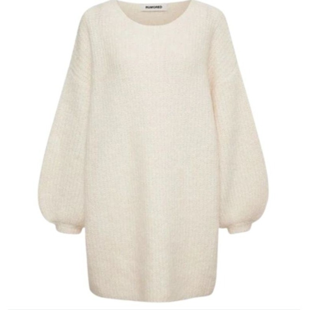 Rumored Revolve Oversized Knit L Sweater Dress Cream Balloon Sleeve Cozy - Picture 2 of 8